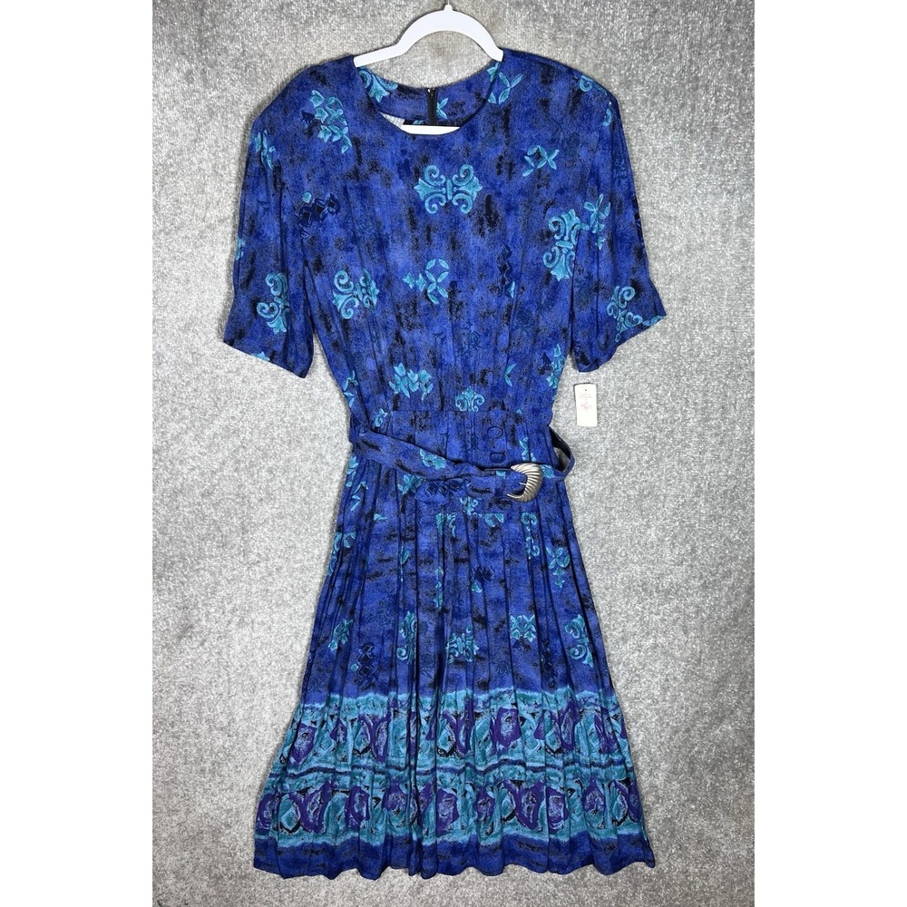 Vintage Rabbit Rabbit Rabbit Dress Womens Sz 14 Pleated Belt Rayon USA Made New